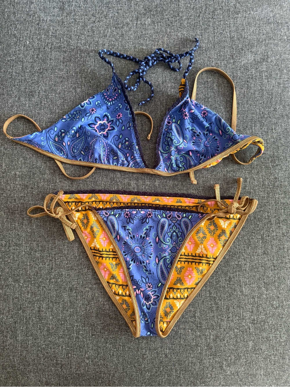 Aerie Blue Paisley & Mustard Yellow Reversible Tie Bikini